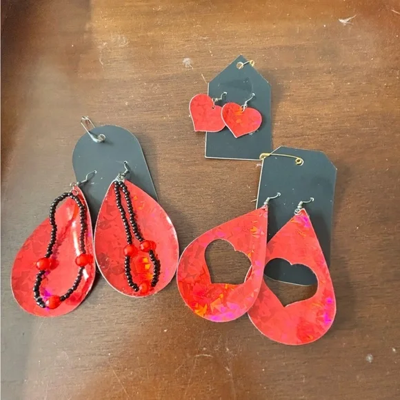 3 sets of faux leather Red Heart and Teardrop Earrings- handmade - Picture 11 of 11